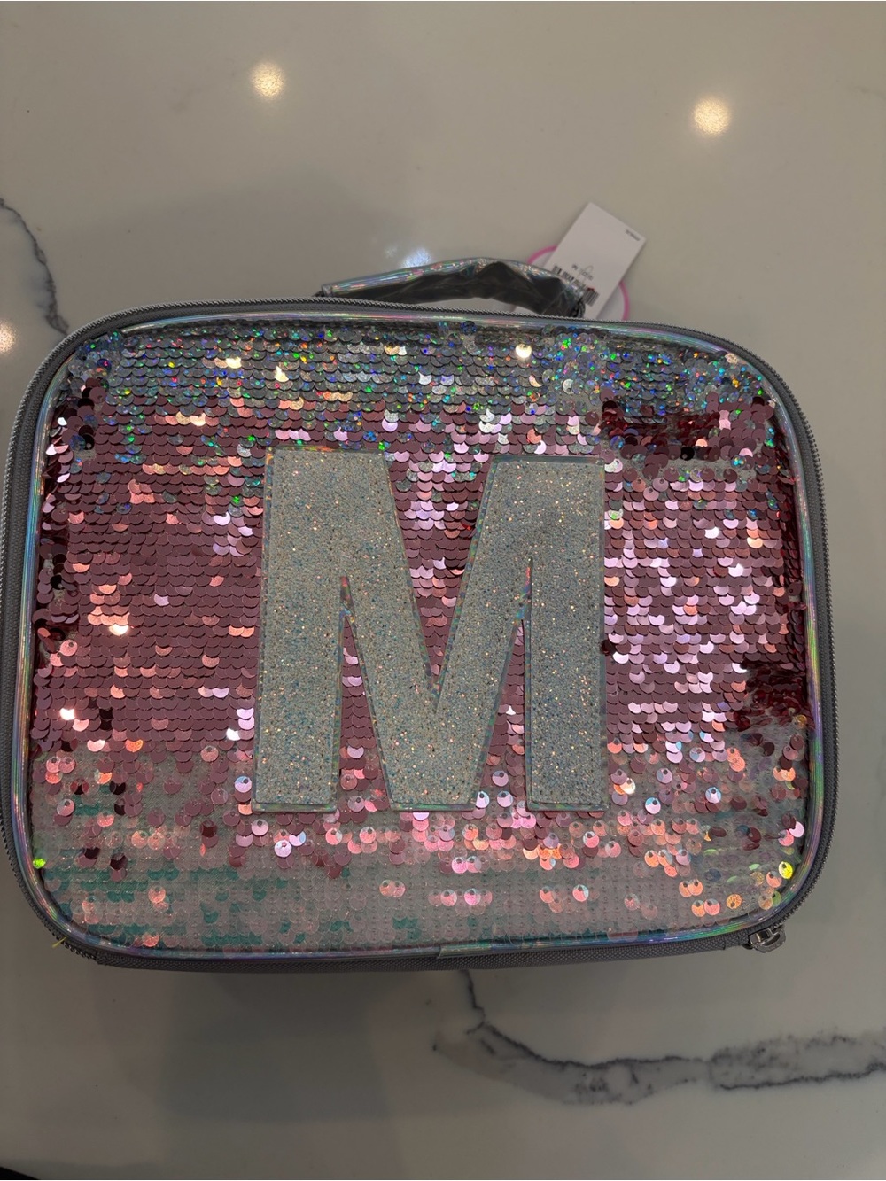 Sparkle Sequin Pink Lunch Box with Glitter Initial M